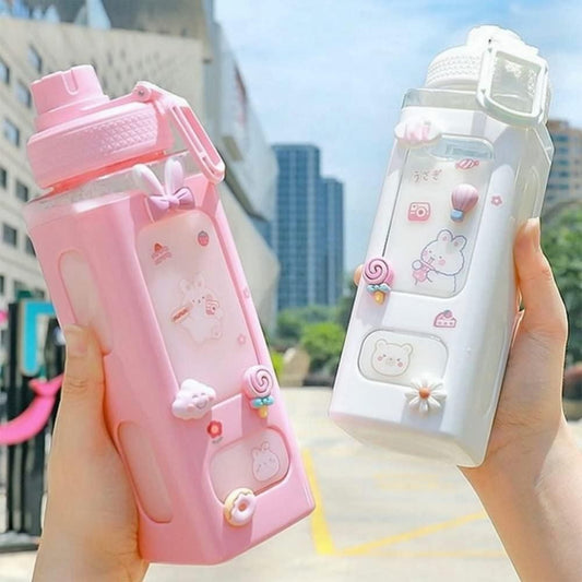 Pack Of 3 Kawaii Cartoon Water Bottle with 3D Decorative Stickers – 1L Leakproof Design